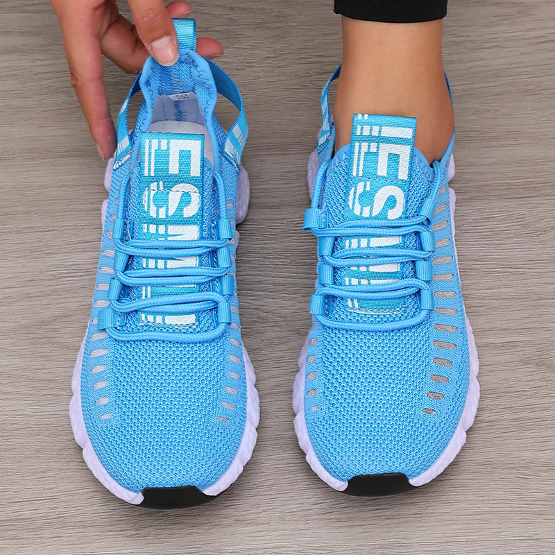 Tênis esportivo feminino de malha leve com sola macia e tira de corrida respirável, tênis casual esportivo para caminhada e caminhada para homens